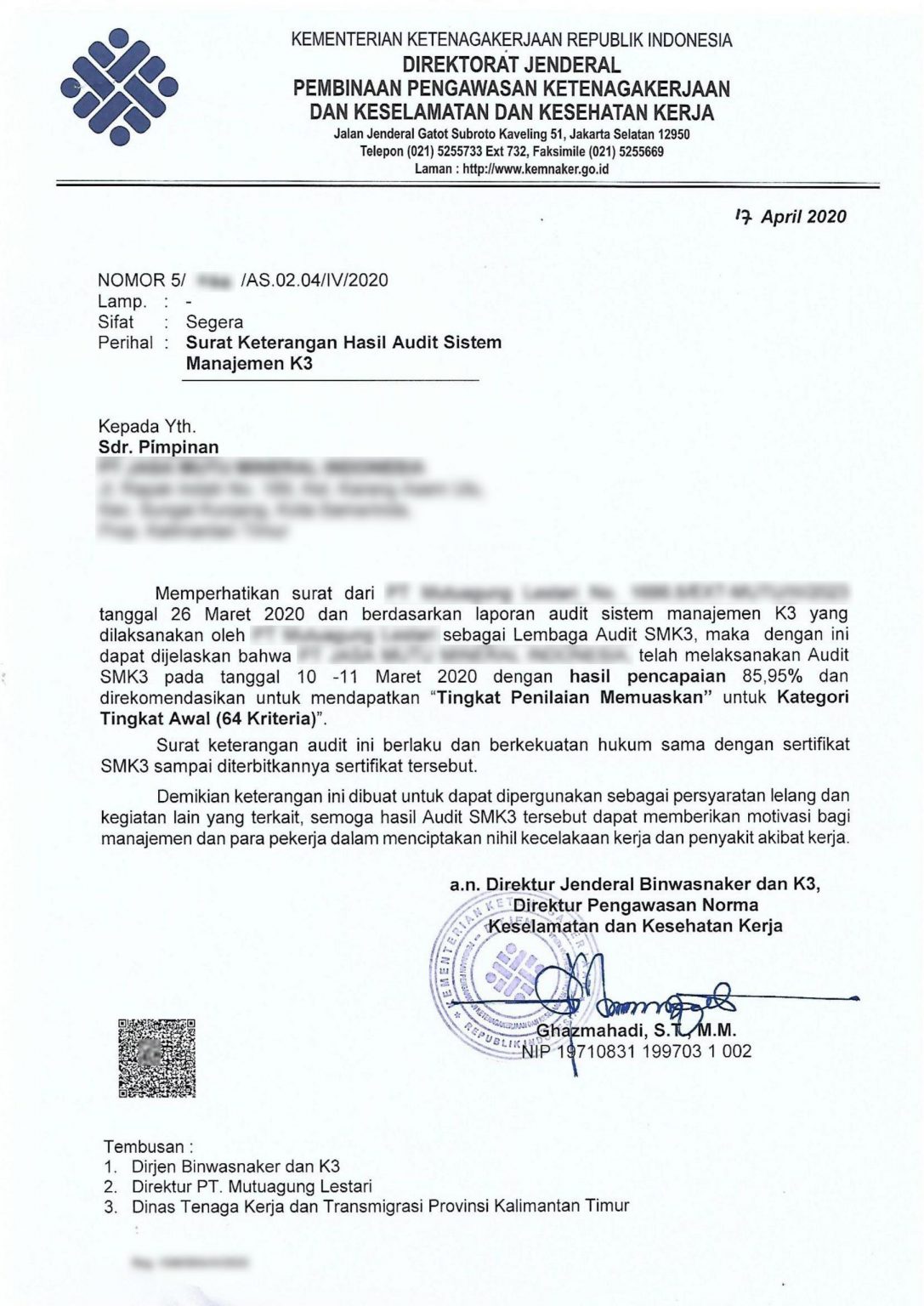 SuratKeteranganHasilAuditSMK3  PT. KUALITAS INDONESIA SISTEM  KIS